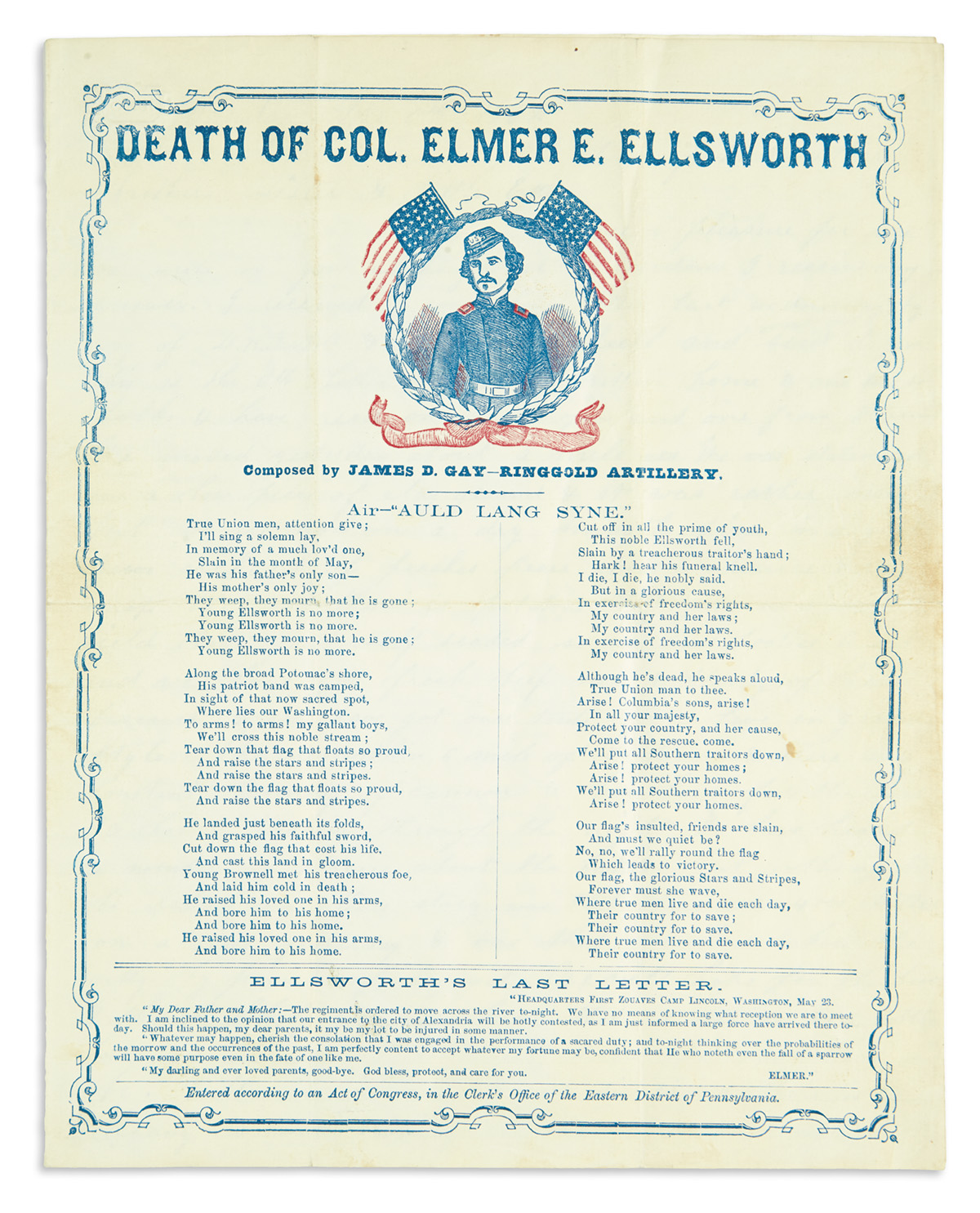 (CIVIL WAR.) Group of ephemera relating to Colonel Elmer E. Ellsworth, the first to die in the war.